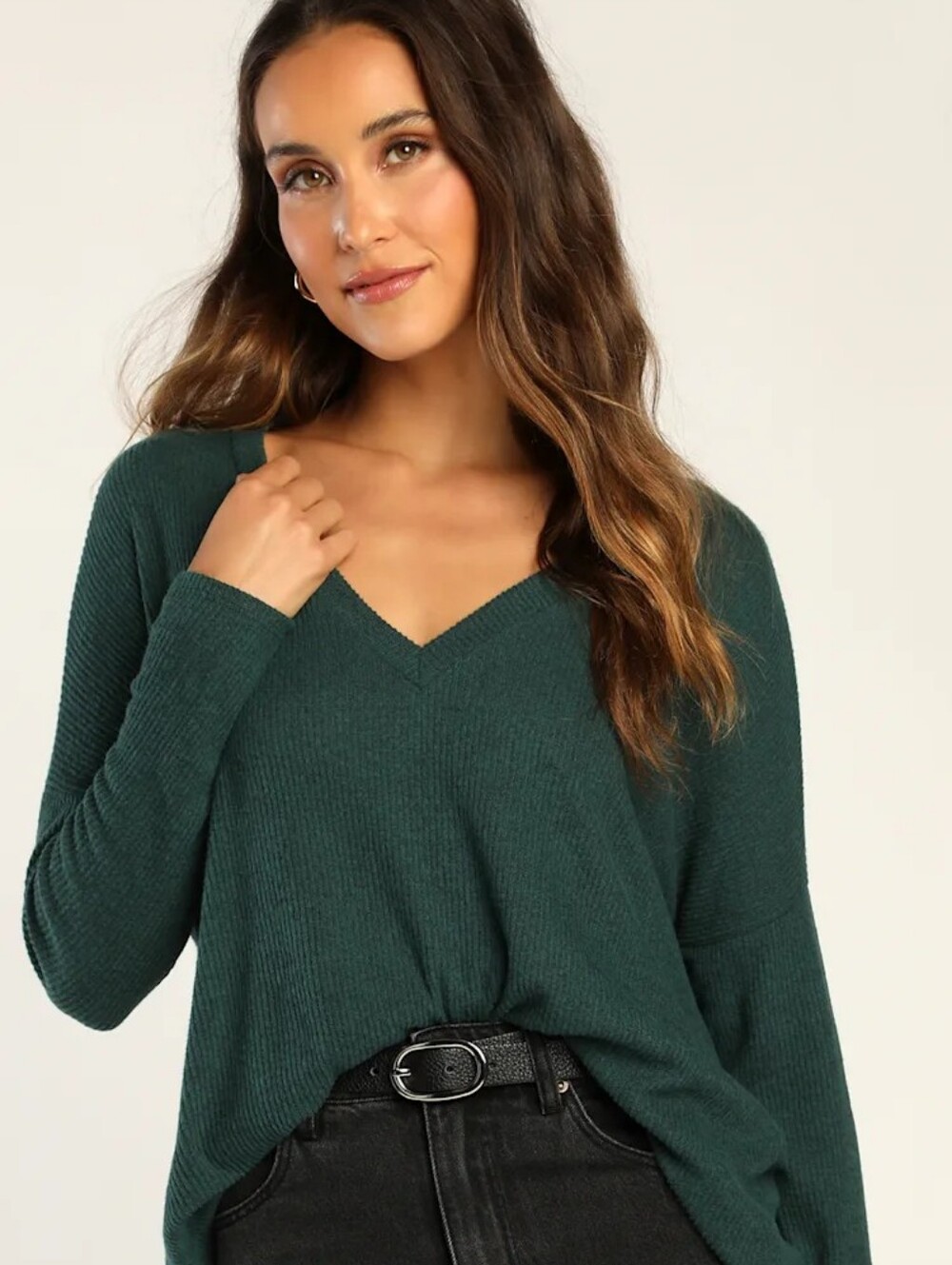 Lulus Dark Teal Green Ribbed V-Neck Oversized Dolman Sweater Top M